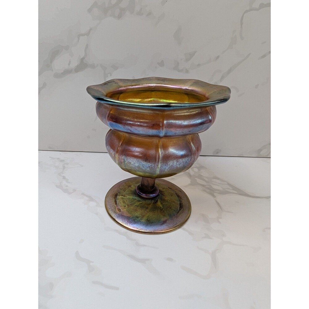 L.C. Tiffany Favrile Footed Compote Shape 3021 Signed D (1904) Gold Aurene